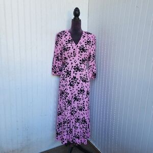 M&S Collection Pink Black Floral 3/4 Sleeve Midi Dress V-Neck Button Tie Sz 14